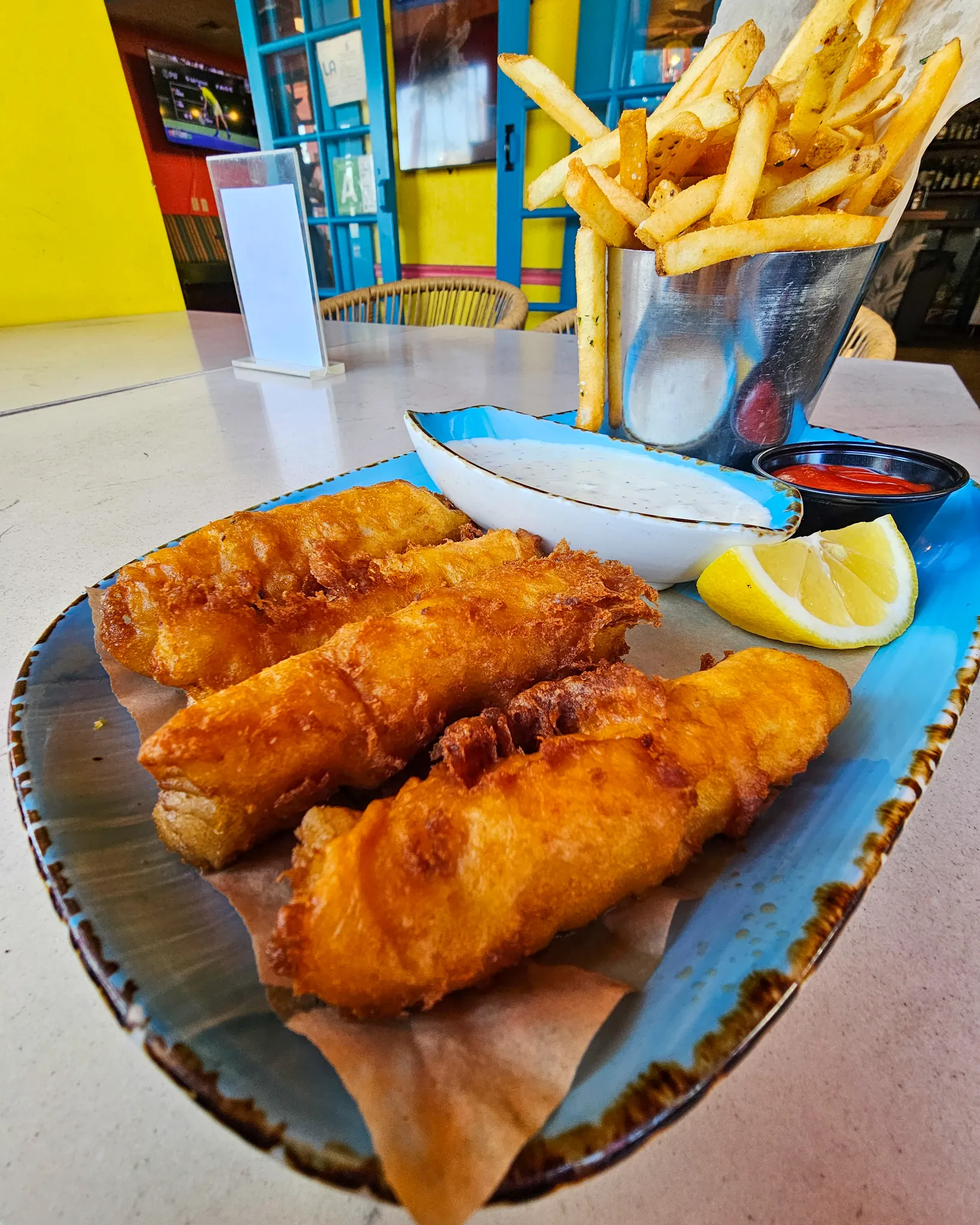 Fish N Chips at Nalu Vida Venice Beach restaurant, beer battered wild caught cod with house made tartar