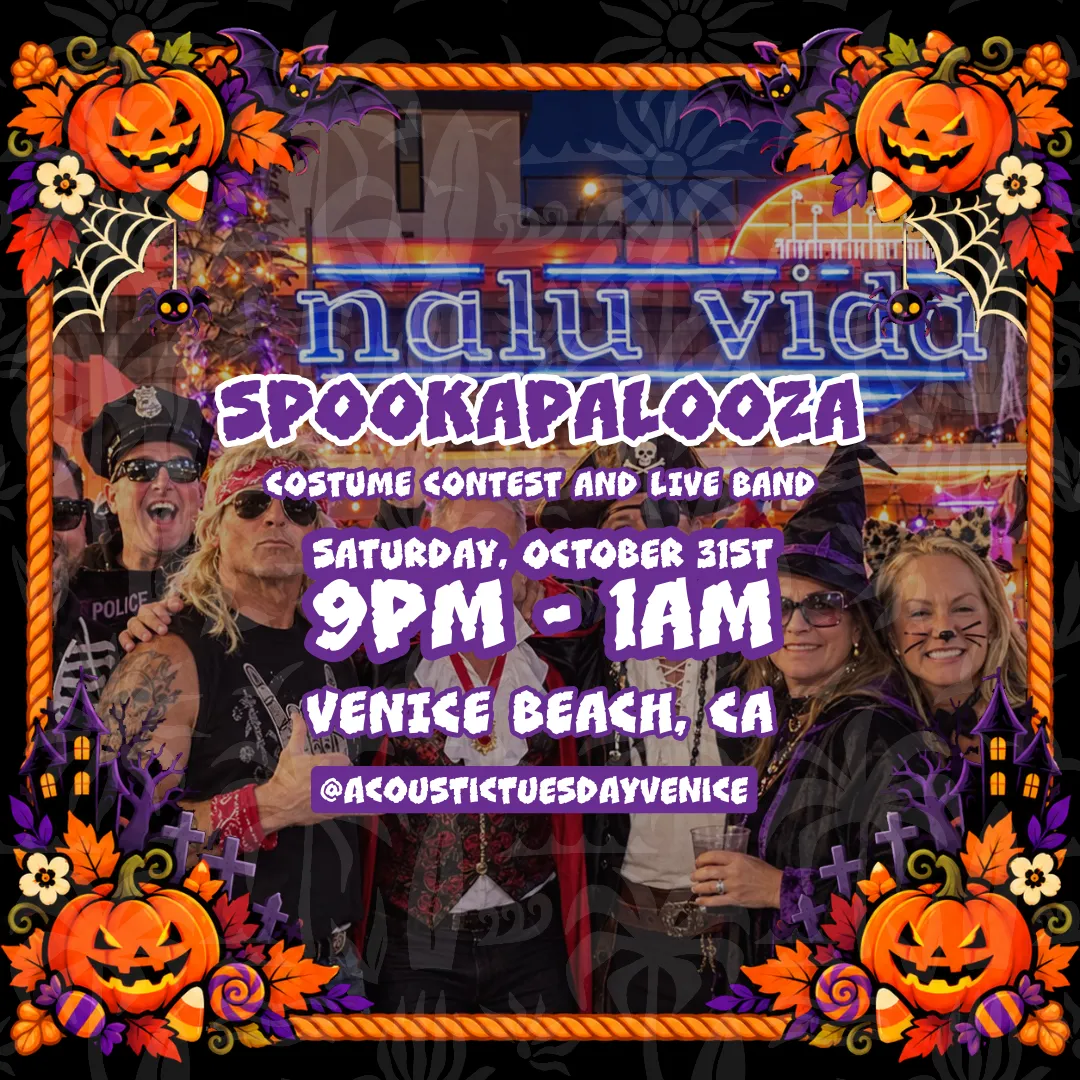 Halloween costume party crowd at Nalu Vida on the Venice Beach boardwalk